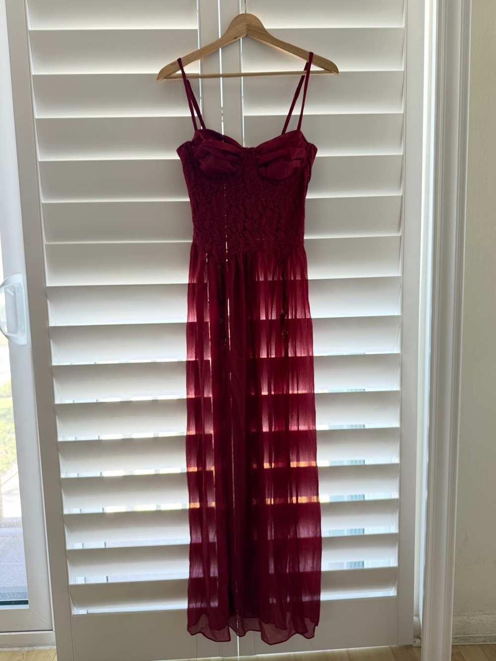 Sugar Thrillz Red Sheer Lace Bustier Maxi Dress Gown and Panty Set